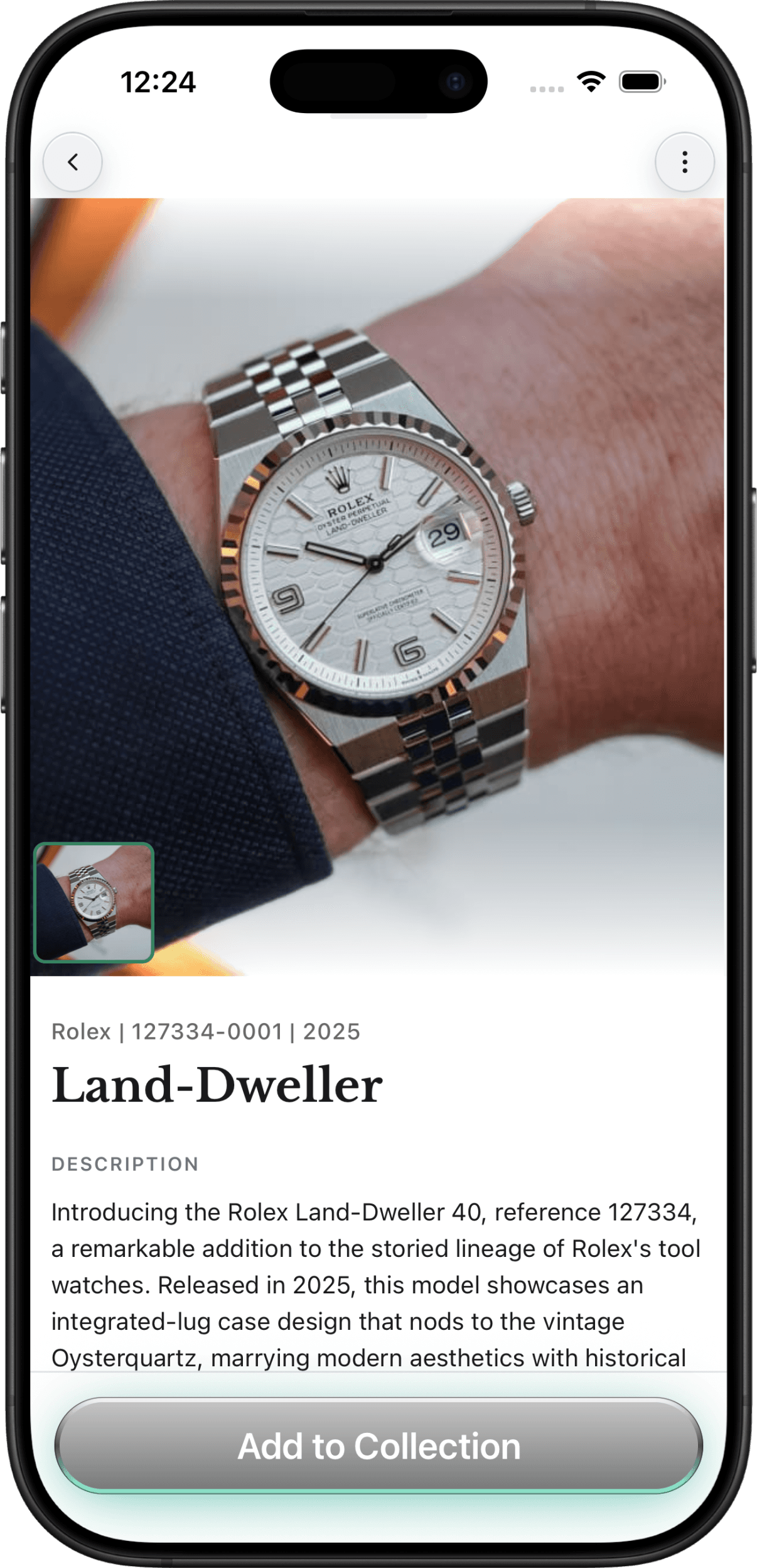 Patina app identifying a Rolex Land-Dweller from a photo
