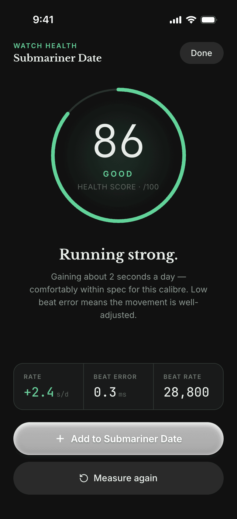 Patina Watch Health result: score 86, good, running strong, gaining about 2 seconds a day